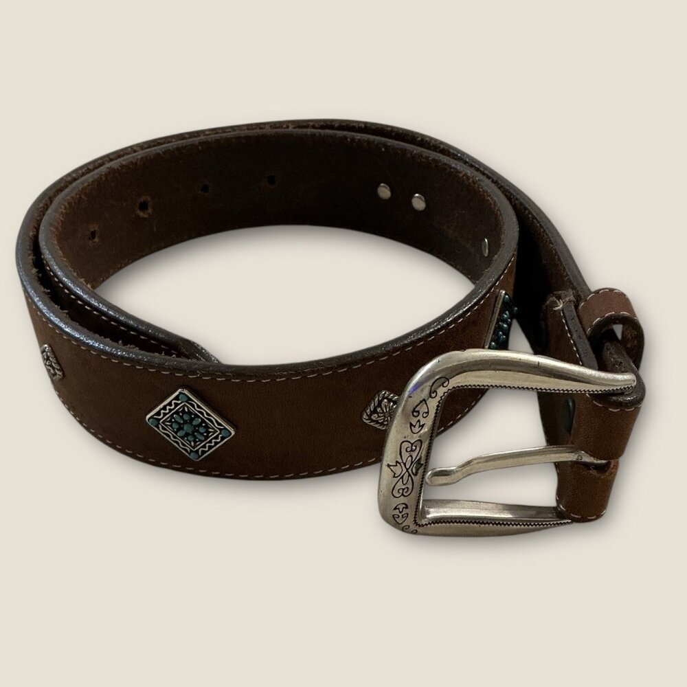 Brighton Brown Leather Belt Faux Turquoise Silver Accents & Buckle Size 30 Mediu